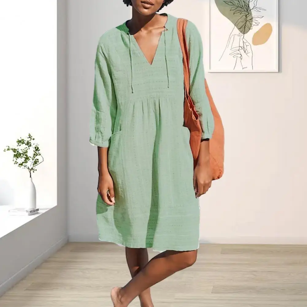 

Платье женское однотонное с V-образным вырезом, свободное до колена, на завязках, летнее миди-платье, одежда