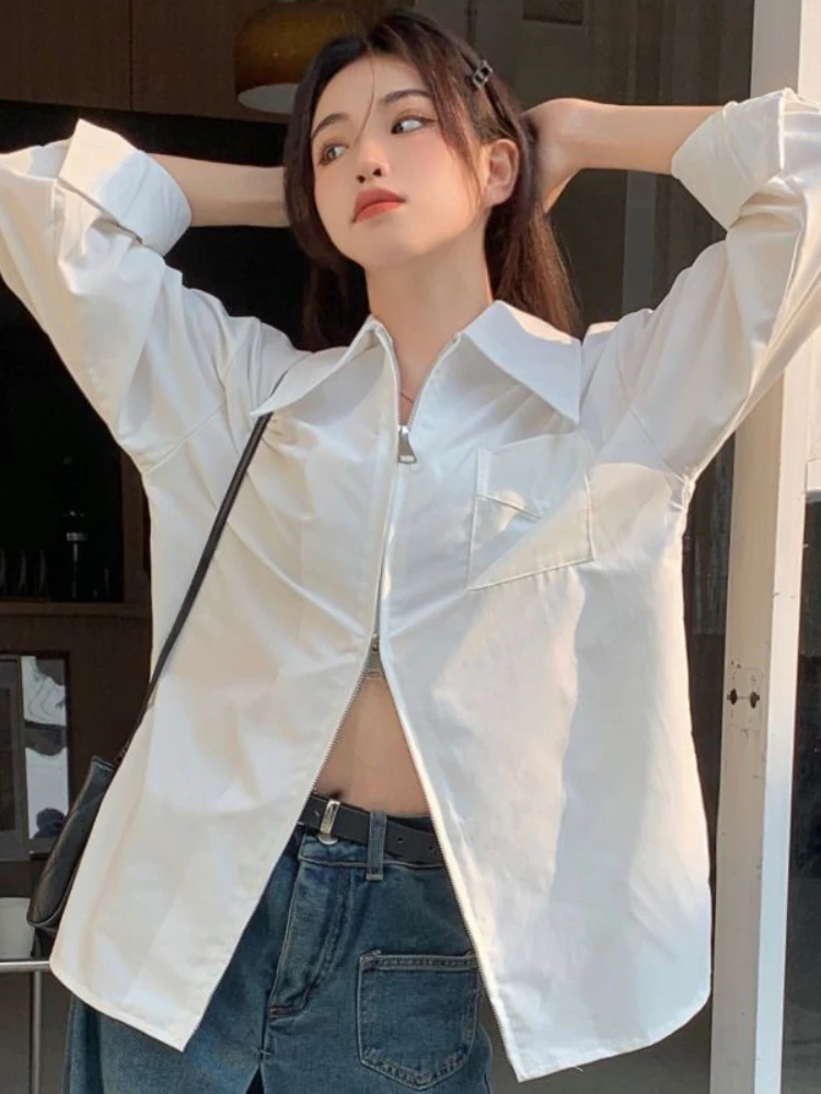 

Female Slim Elegant Shirts Women Turn Down Collar Long Sleeve Zipper Pockets Solid Blouses Spring Autumn All Match Simple Tops