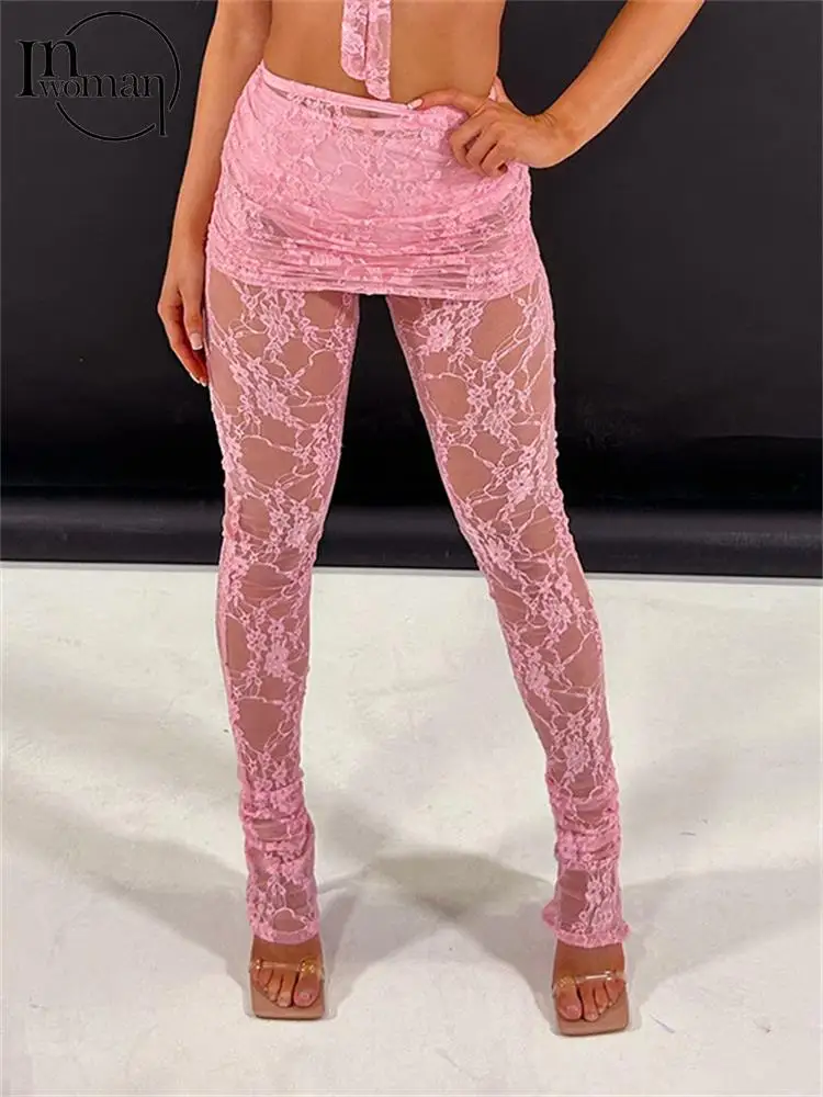 

Модная светло-Розовая прозрачная одежда для ночного клуба Inwoman для женщин 2023 сексуальные кружевные прямые брюки с высокой талией