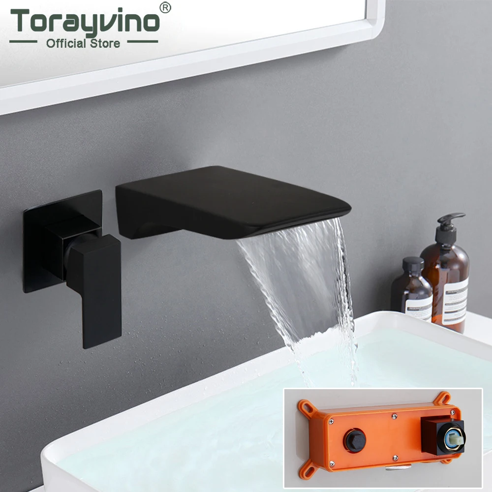 

Torayvino Mater Black Bathroom Basin Faucet Wall Mounted Vanity Sink Mixer Taps Chrome Polished Waterfall Washbasin Faucets