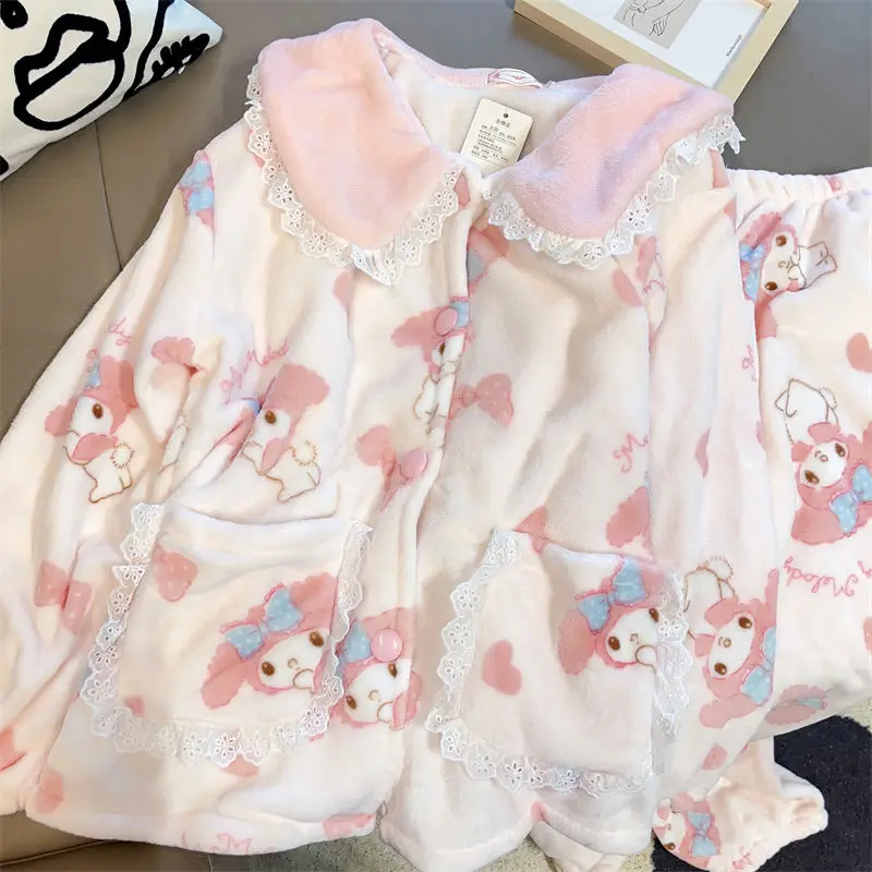 

My Melody Coral Fleece Pajamas Female Sanrios Anime Autumn Winter Kawaii Cartoon Thicken Tracksuit Set Can Be Worn Outside