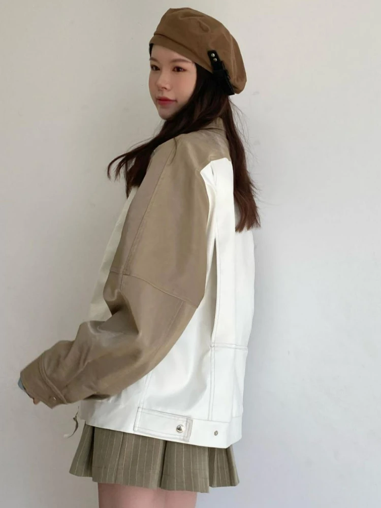 2022 Autumn Korean Leather Jacket Women Winter Patchwork High Street Biker Jacket Female Outerwear Thin Fashion PU Chic Coat New