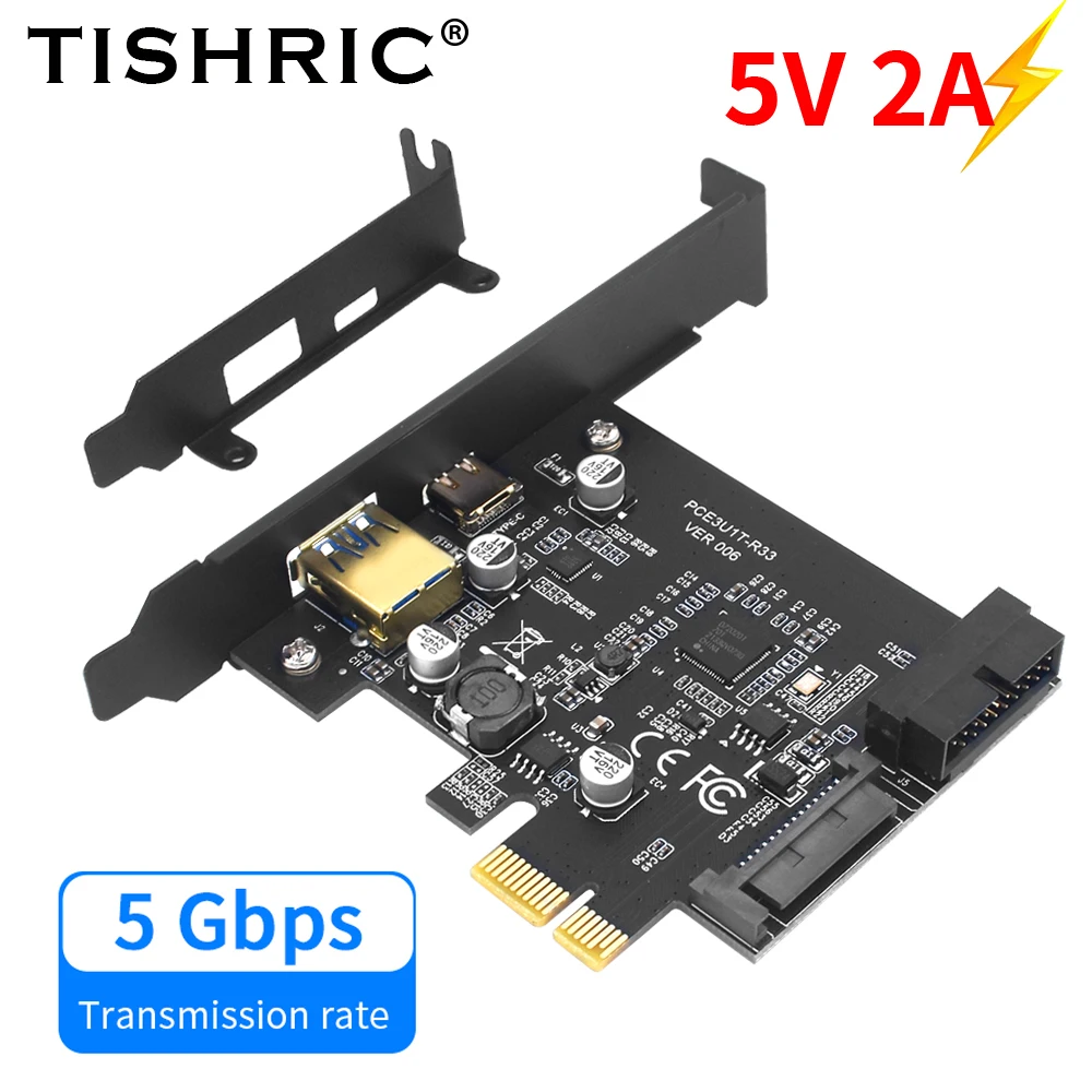 

Плата расширения TISHRIC USB 3,2 PCIE 1X на USB 3,2 Gen1 TYPE-C 19PIN, карта адаптера 5 Гбит/с PCI E USB3.2, контроллер, плата расширения