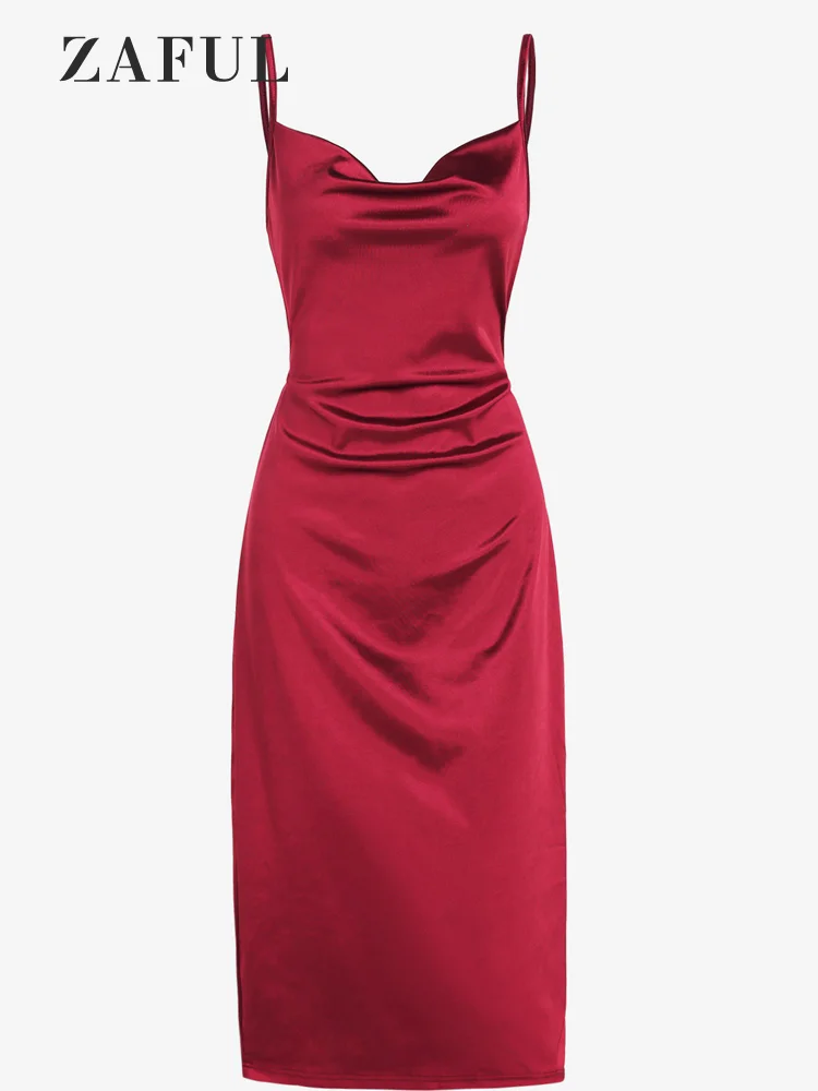 

ZAFUL Satin Cowl Front Tied Spaghetti Strap 90s Style Red Midi Party Date Night Dress New Collection 2023