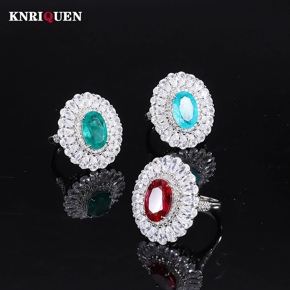 

Charms 100% Silver 925 Ring for Women 8*12mm Ruby Green Paraiba Tourmaline Gemstone Lab Diamond Wedding Ring Fine Jewelry Gift