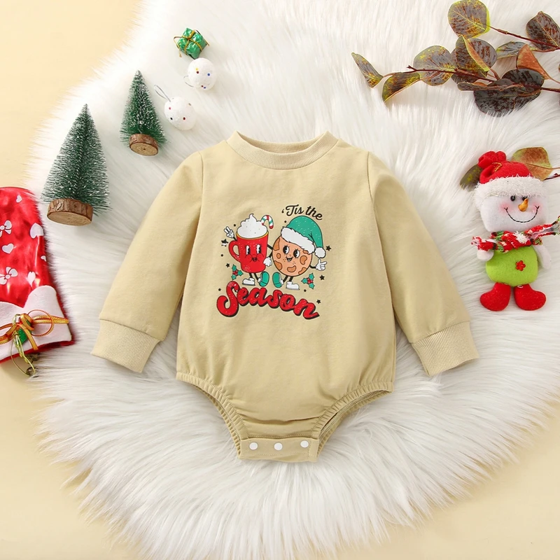 

My First Christmas Baby Girl Boy Romper Long Sleeve Cartoon Biscuit Print Sweatshirt Jumpsuit Baby Clothing