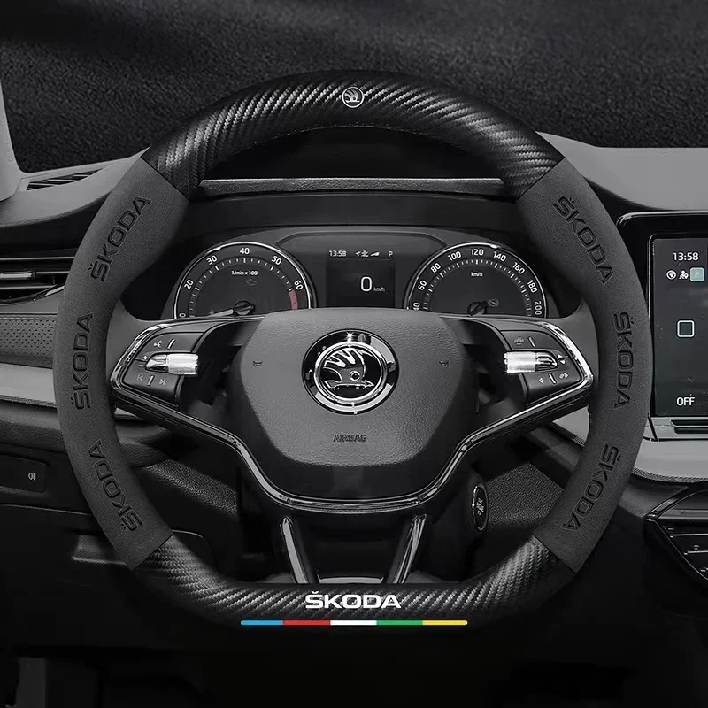 Фото Для Skoda VRS Octavia a5 Kodiaq Karoq Kamiq Scala Superb Yeti Fabia ENYAQ Citigo автомобильный противоскользящий чехол на руль из углеродного волокна №2