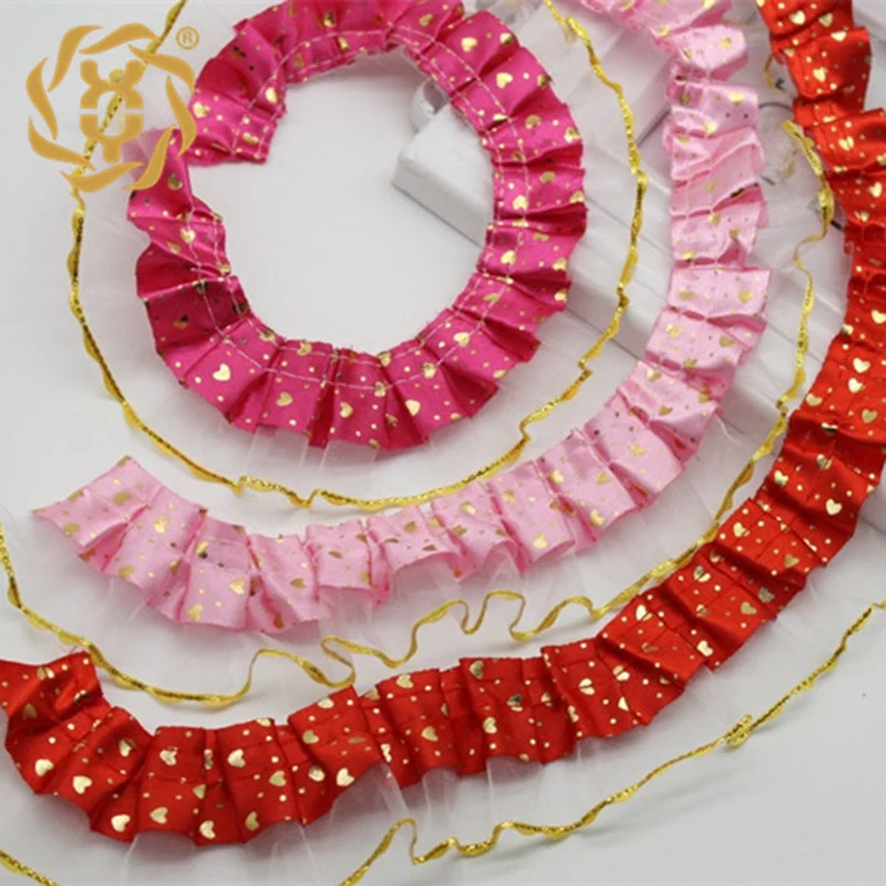 

40Yards Pleated Red Pink Lace Trim Fabric Craft Supplies DIY Sewing Heart Ruffle Lace Ribbon Guipure Dress Clothes Decoration
