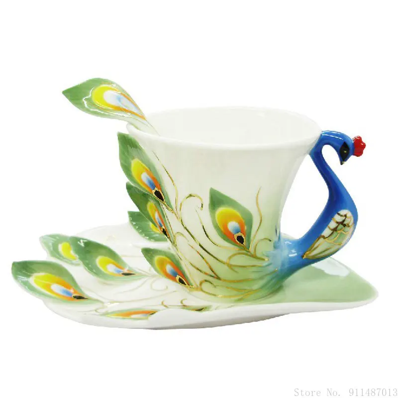 

European enamel porcelain hand-painted peacock coffee cup and saucer set wedding gift ceramic home office supplies cup saucer