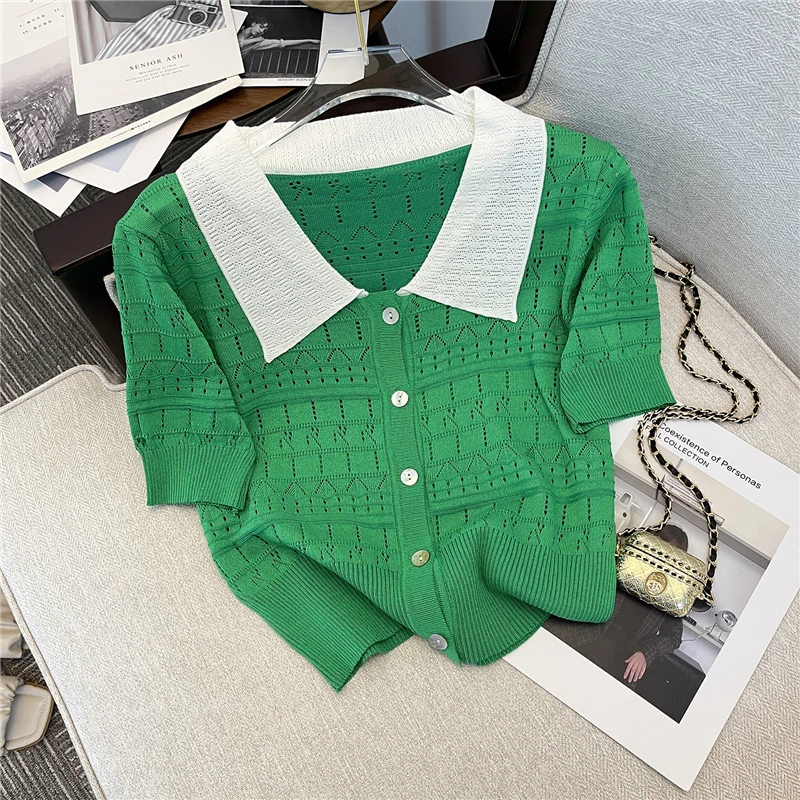 

Ажурные вязаные футболки для женщин, летняя Корейская Свободная рубашка с коротким рукавом и отложным воротником, повседневные милые одноб...