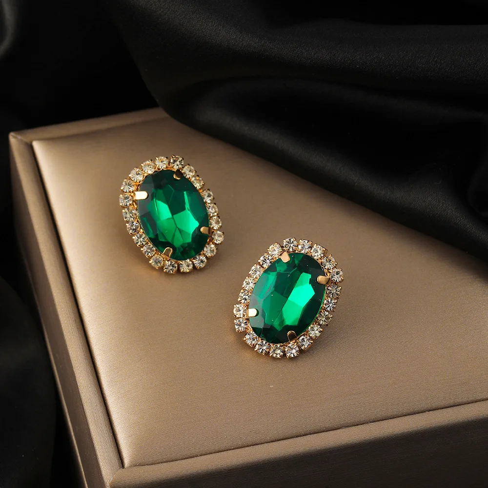 

Simple Green Crystal Flower Earrings Female Fashion French Light Luxury Micro-set Zircon Earrings All-match Earrings