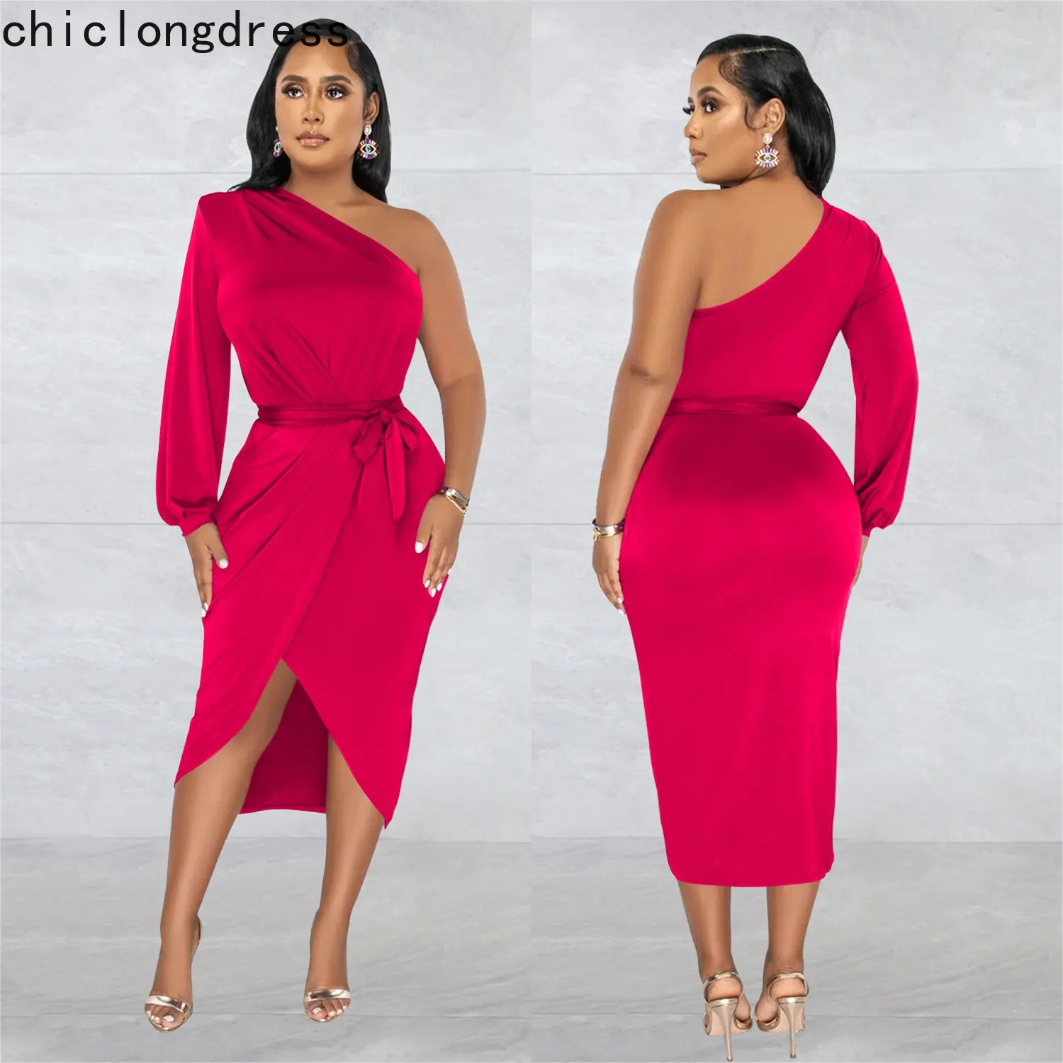 

Женское однотонное платье с открытыми плечами, с одним рукавом