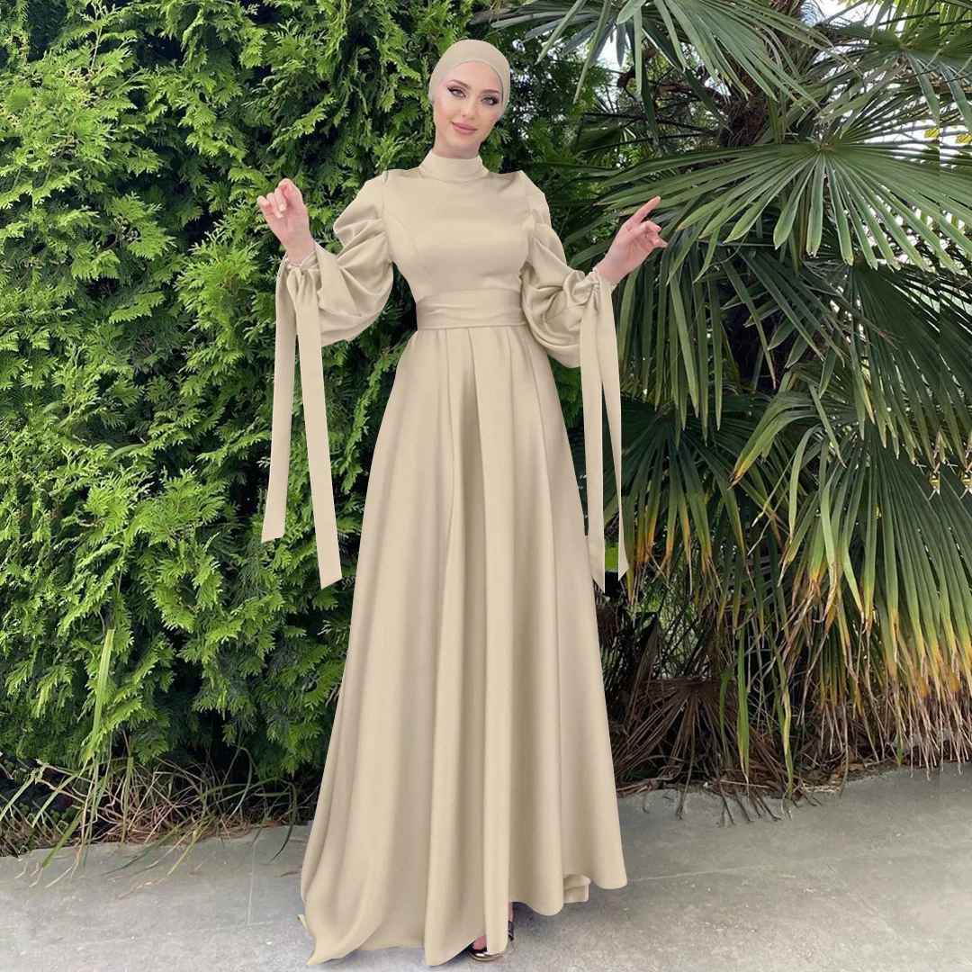 Muslim Fashion Women Long Islamic Satin Dress Hijab Arabic  Abaya Dubai Balloon Sleeve With Ribbon Eid Mubarak Turkish Dresses