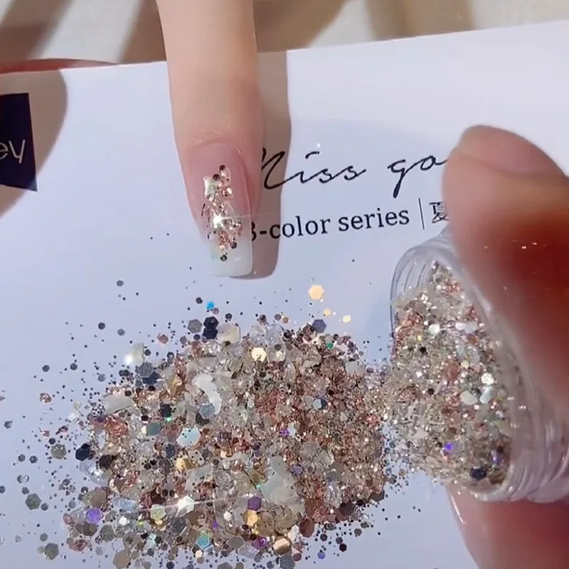 

1BOX Galaxy Crystals Mix Nail Art DIY Kit(Gold Gravel+Spangles+Rhinestone+Shell Flakes)Glitter Stones Manicure Salon Nail Supply