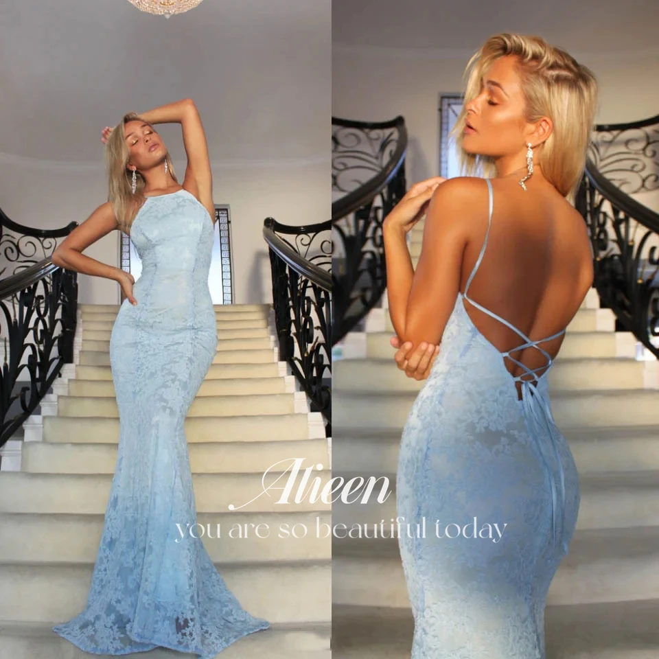 

Aileen Elegant Mermaid Light Blue Long Prom Dress Backless Lace Evening Dresses 2023 Vestidos De Fiesta Formal Party Gowns