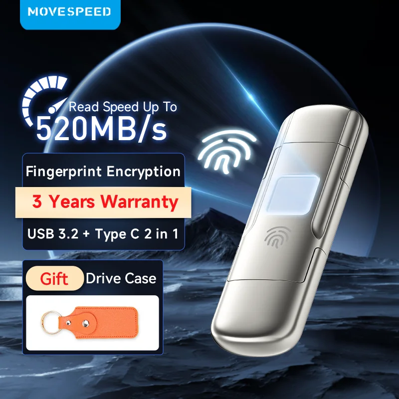 

MOVESPEED 520MB/s USB3.2 Gen 2 AES256 & Fingerprint Encryption 1TB USB Solid State Pendrive Type C Flash Drive 128GB 256GB 512GB