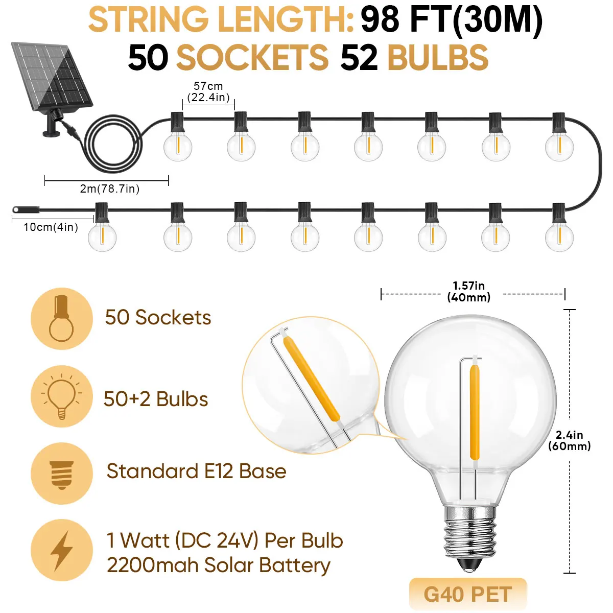 

Солнечные гирлянды Grensk G40 теплый белый 10+1 LED 7.6 метра