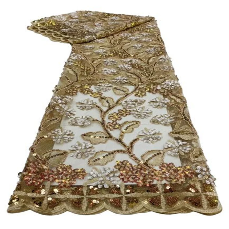 

African Lace Fabric 2023 Gold High Quality French Mesh Lace Fabric With Sequins Nigerian Lace Fabrics For Wedding Dress