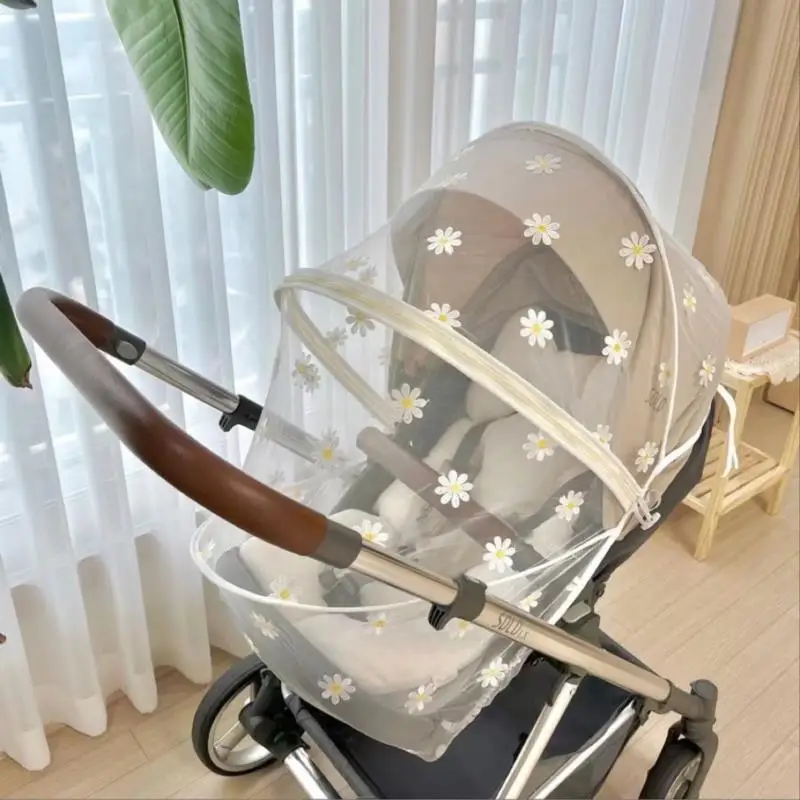 

Baby Stroller Mosquito Net Full Cover Summer Breathable Mosquito Cover Daisy Embroidery Gauze Sunshade Stroller Accessories