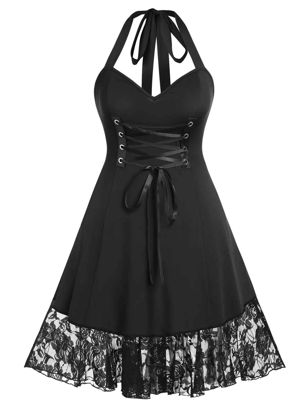 

Halter Backless Lace Up Dress Open Back Lace Flounce Fit and Flare Dresses