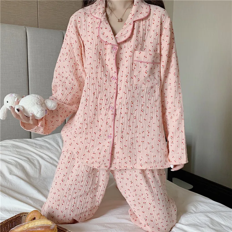 Cotton Hemp Gauze Women Pajamas Set Spring Autumn Long Sleeve Sleep Top Nightgown Korean Version Fashion Loose Home Wear New