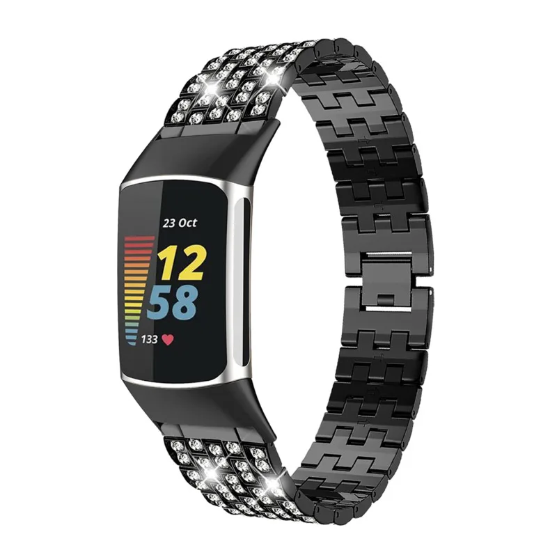 Diamond Watch Bracelet For Fitbit Charge5 Five Beads Strap For Charge 5 Stainless Steel Metal Watchband Replacement Accessories