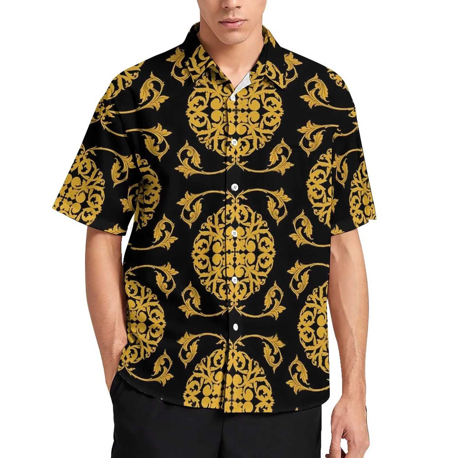 

Gold Baroque Casual Shirt Vintage Print Vacation Loose Shirt Hawaii Cool Blouses Short-Sleeve Printed Oversized Clothes