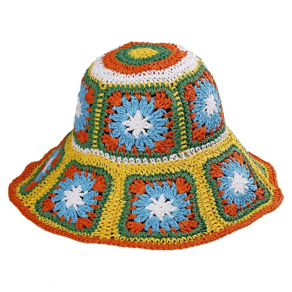 

Шляпа женская Соломенная с широкими полями, стильная пляжная шапка с цветочным узором, вязаная крючком, с защитой от УФ-лучей, лето