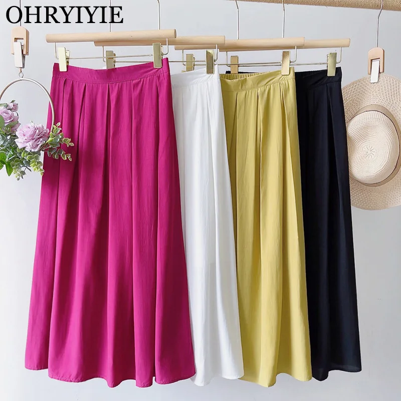 

Spring Summer Midi Long A-Line Skirt Women 2022 New Sweet Elastic High Waist Pleated Skirt Female Red Yellow Casual Party Skirts