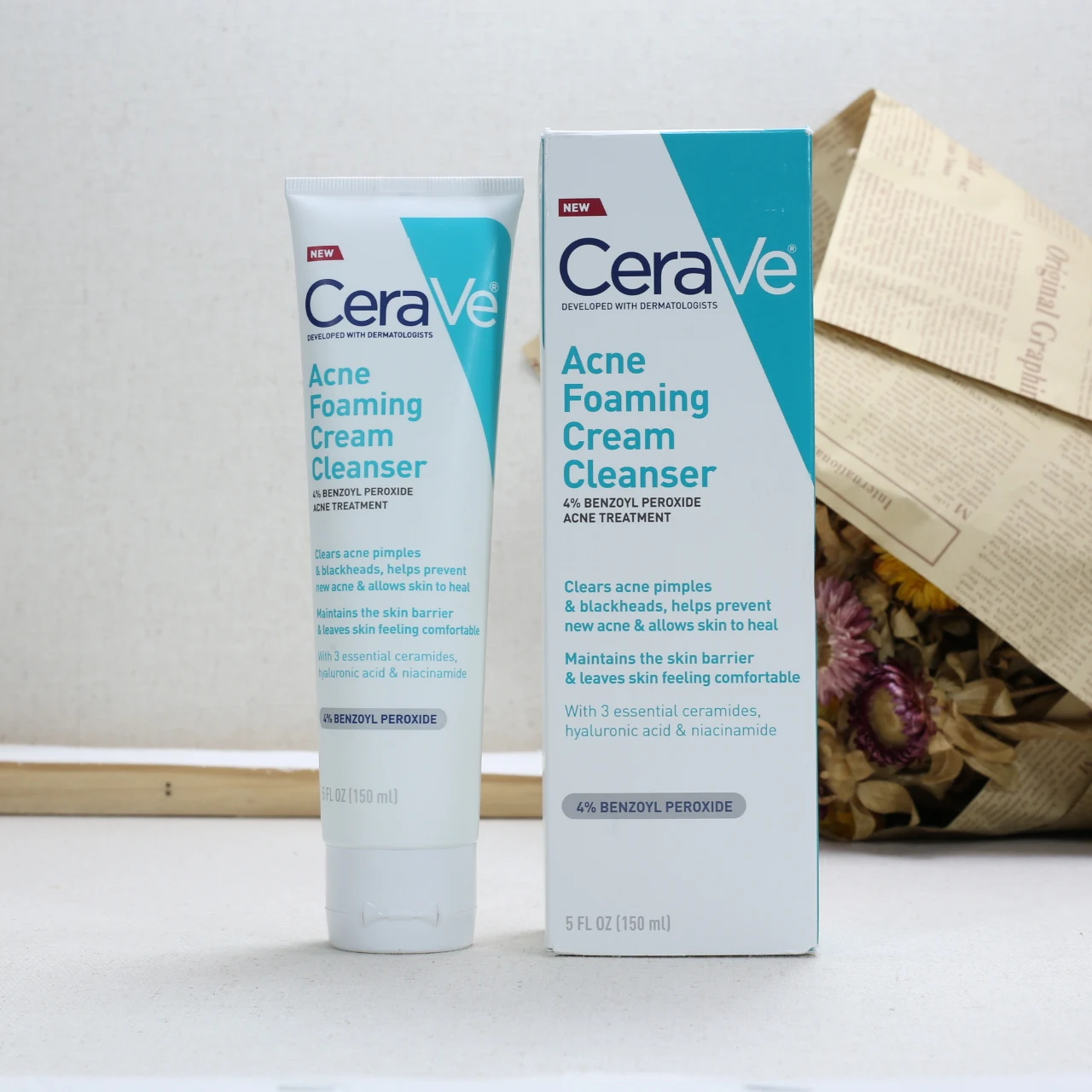 

150ml CeraVe Acne Foaming Cleanser With 4% Benzoyl Peroxide Gel Remove Acne Face Wash Gentle Cleaning Niacinamide Repair Skin