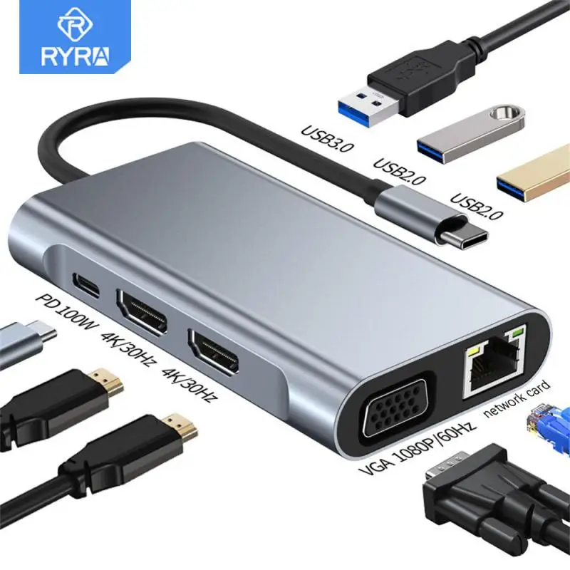 

RYRA 8 In 1 USB C HUB 4K 30HZ Type C Docking Station For Macbook Adapter Splitter For Laptops HDMI-Compatible RJ45 VGA PD100W