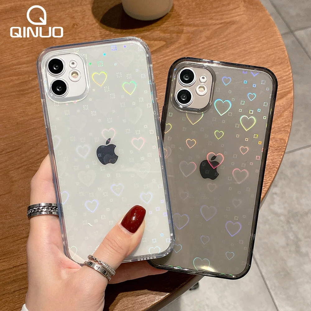 

Модный градиентный лазерный чехол для iPhone 13, 11, 12 Pro, Max, X, XS, XR, 7, 8 Plus, SE 2020, прозрачный чехол с сердцами