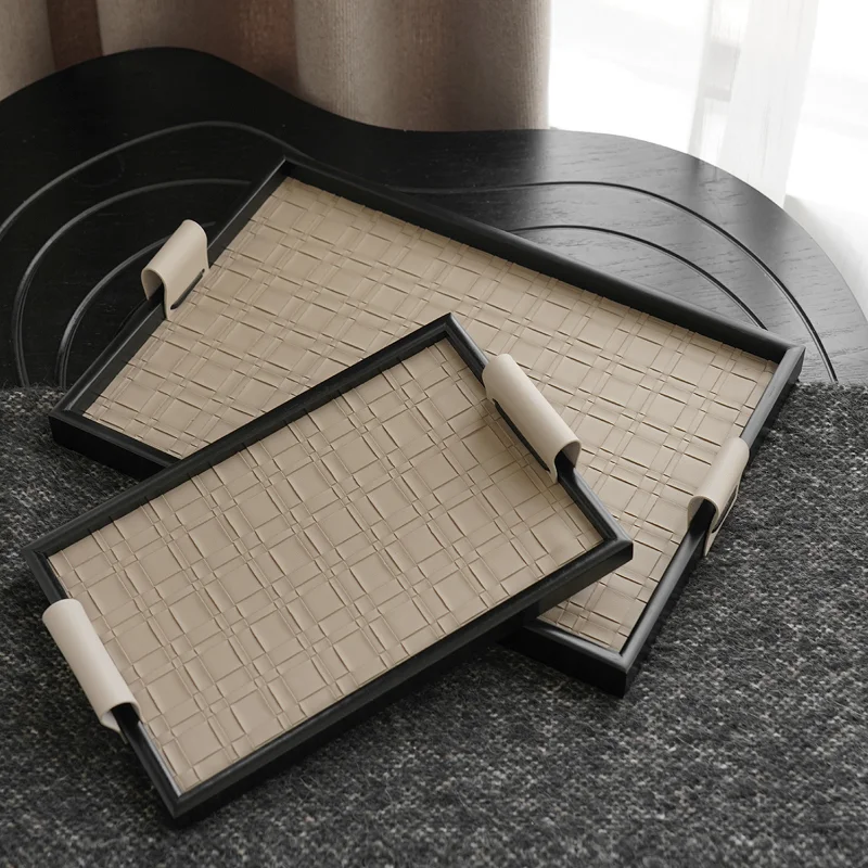 

2023NEW Woven Pattern Black Leather Tray Beige Advanced Aromatherapy Storage Trays Home Living Room Coffee Table Decoration