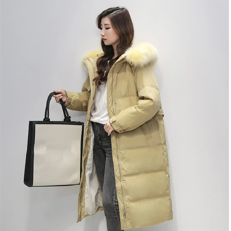 Women's Yellow Hooded Down Jackets Long Fur Collar Duck Down Fashion Loose Thicken Female Puffer Outwear Winter New Tops