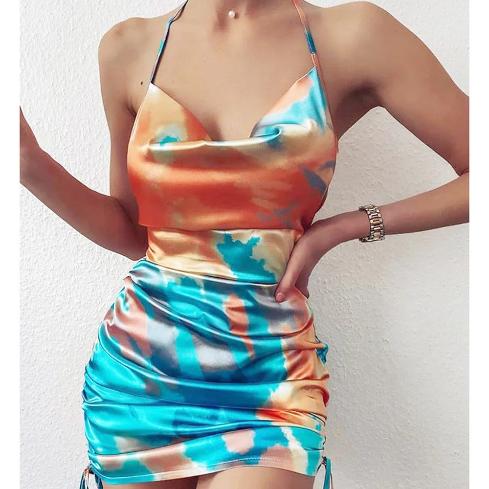 

Dress Women's New Style Vestidos New Sexy Tie-dye Pleated Satin Sling Strap Party Dress 2022 Spring / Summer New Dress Vestidos