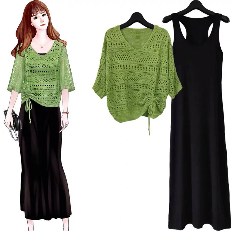 

Dress 2022 Summer New Suspender Fairy Long dress Hollow Knitted Sweater Two Piece Set Skirt Thin Women Fashion