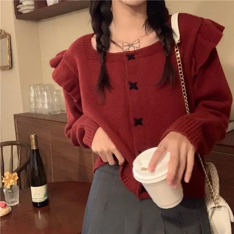 

WDMSNA Korean Slim Sweters for Women 2022 Autumn New Square Neck Ruffled Cardigan Women Long Sleeve Knitted Sweater Top