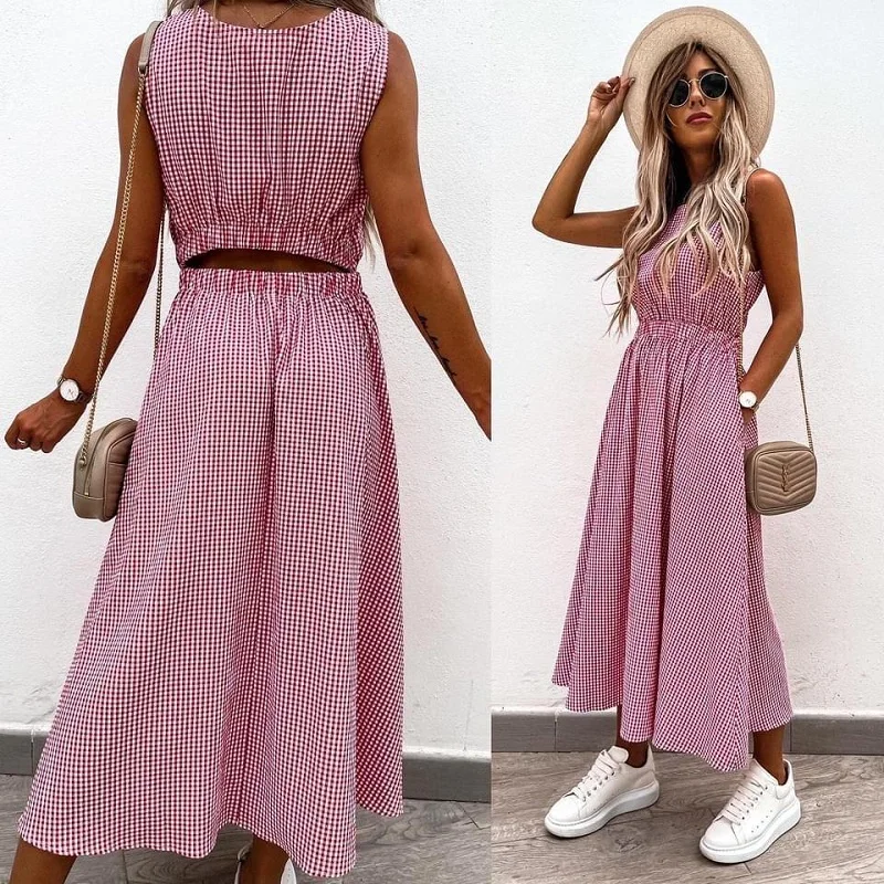 

Sexy Hollow Out Sleeveless Long Dress Women Elegant Pocket Back Casual O Neck Party Dress Summer Fashion Plaid Print Lady Dress