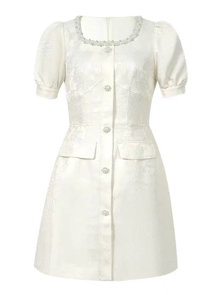 Короткое атласное жаккардовое платье во французском стиле женское элегантное