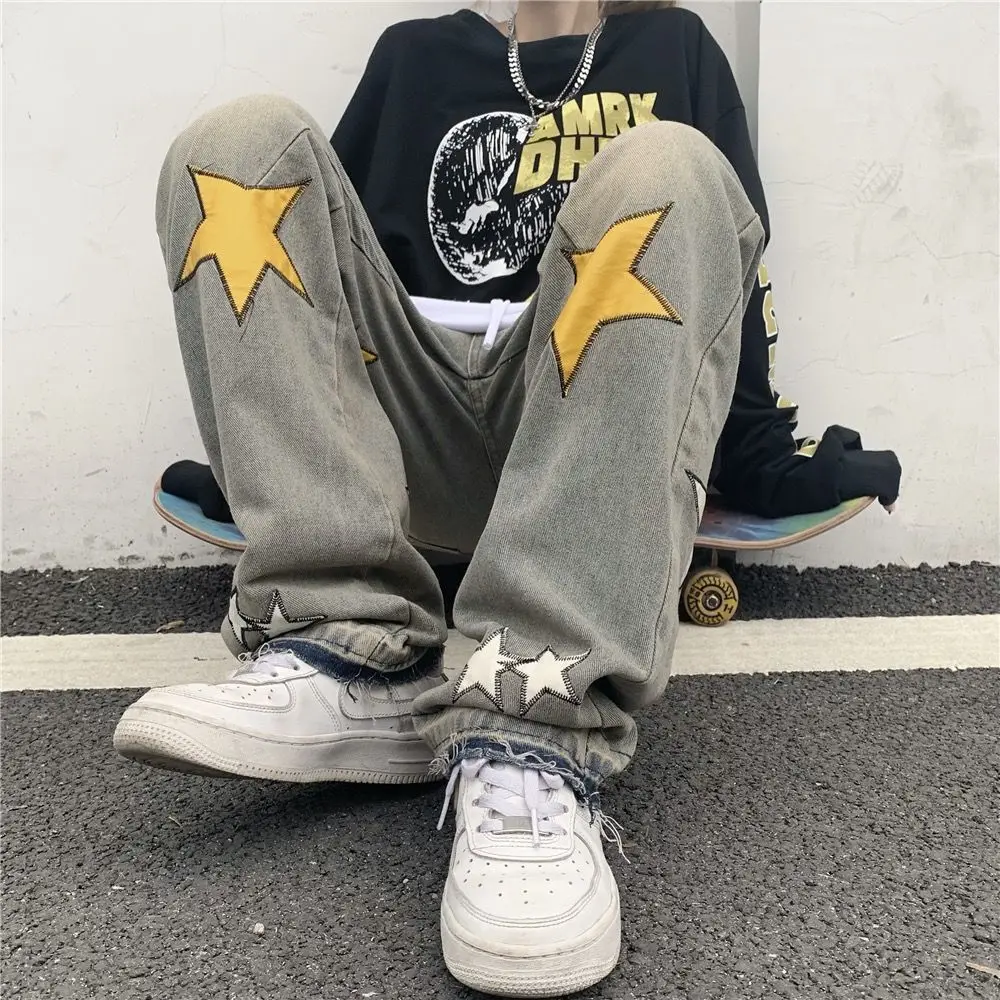 New Jeans Oversize American Jeans Men's Spring Autumn High Street Hip Hop Style Embroidered Stars Whiskers Straight Loose Pants