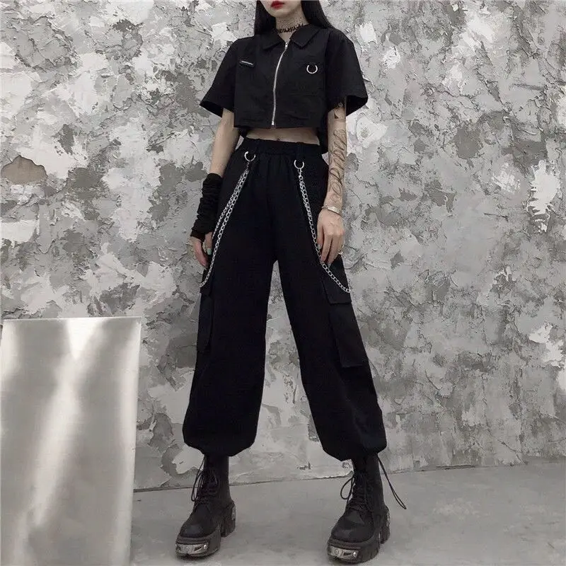 

Women's Korean Version Solid Short-Sleeved Shirt, High-waisted, Slim, Sport, Hip-hop, Ribbon Chain, Cargo, 2-Piece Suit, Summer