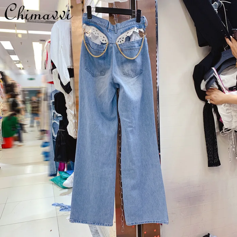 

2022 Spring Fall New Ladies Distressed Fashion Waist Sexy High Waist Denim Pants Woomen Streetwear Chain Wide Leg Slimming Jeans