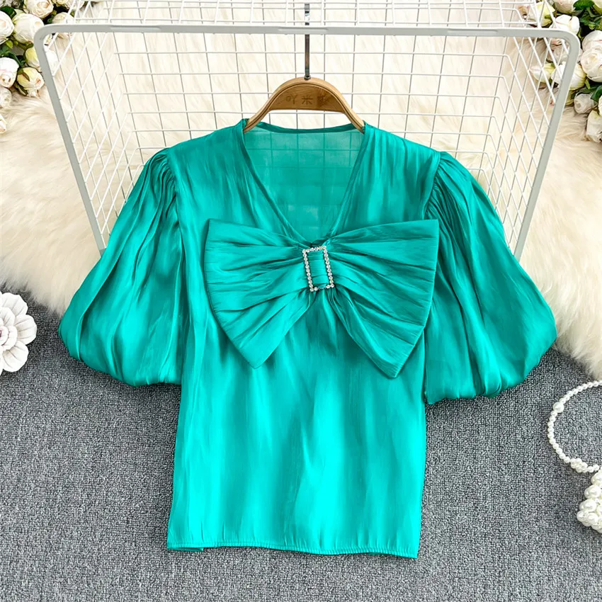 

Женская блузка с коротким рукавом и большим бантом, летняя дизайнерская Элегантная блузка в Корейском стиле