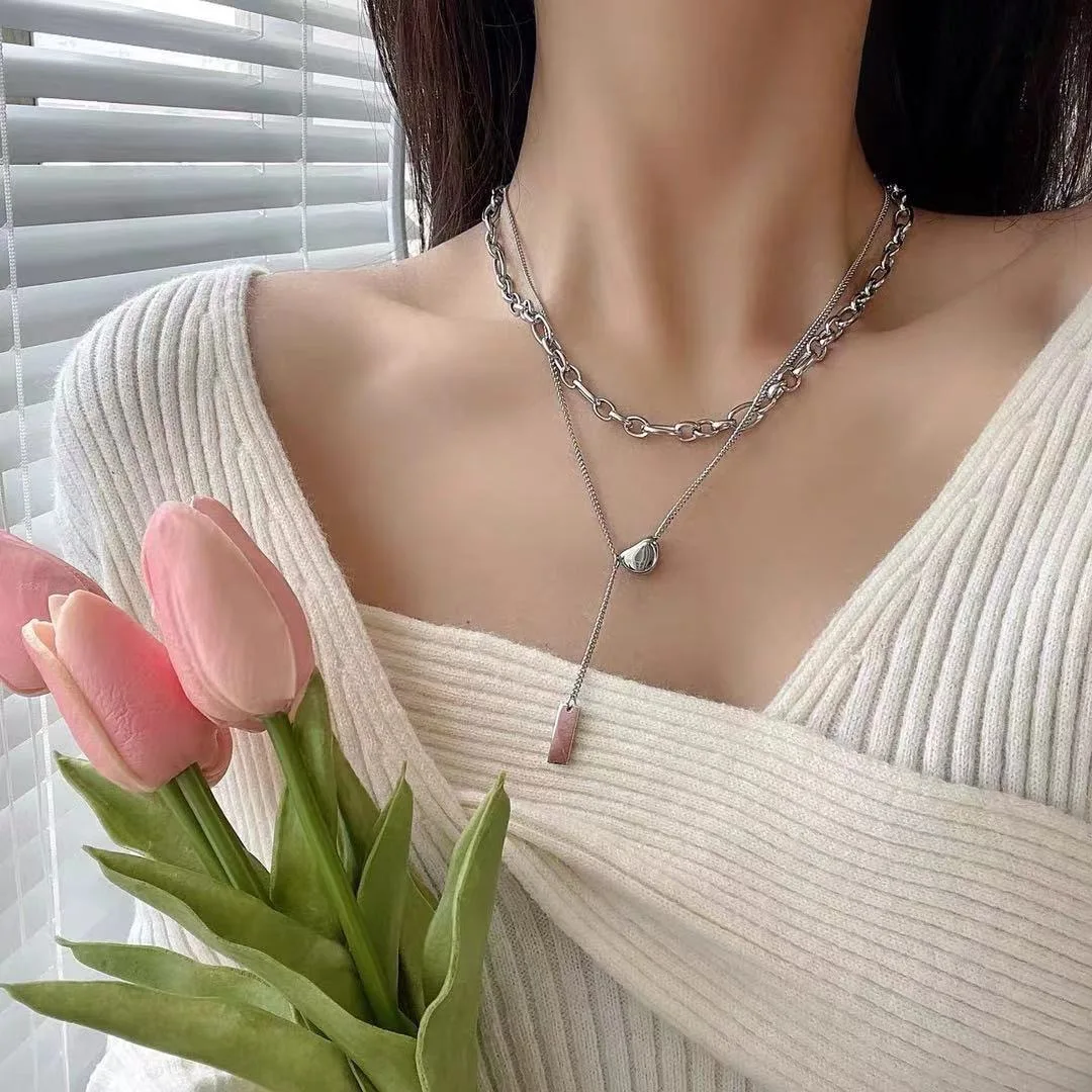 

Coconal Women Fashion Silver Color Double Lentil Necklace Titanium Steel Fashion Square Pendant Necklace Party Gifts Necklace