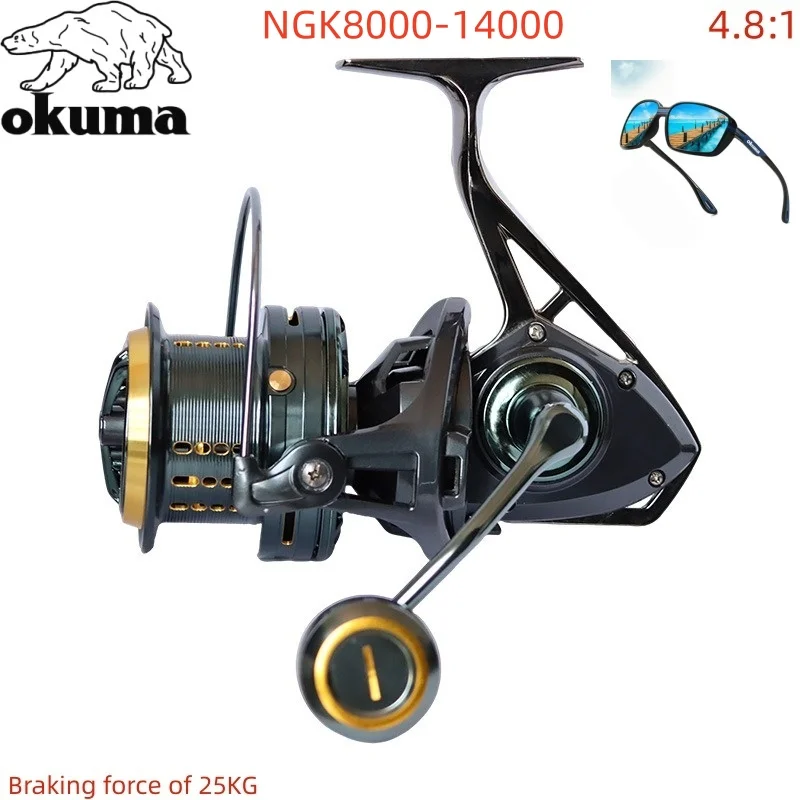 Фото Рыболовная катушка OKUMA 8000-14000, металлическое колесо для дальнего заброса, направляющая стержня, рыболовное колесо, 25-30 кг, тормозная рыбалка №1