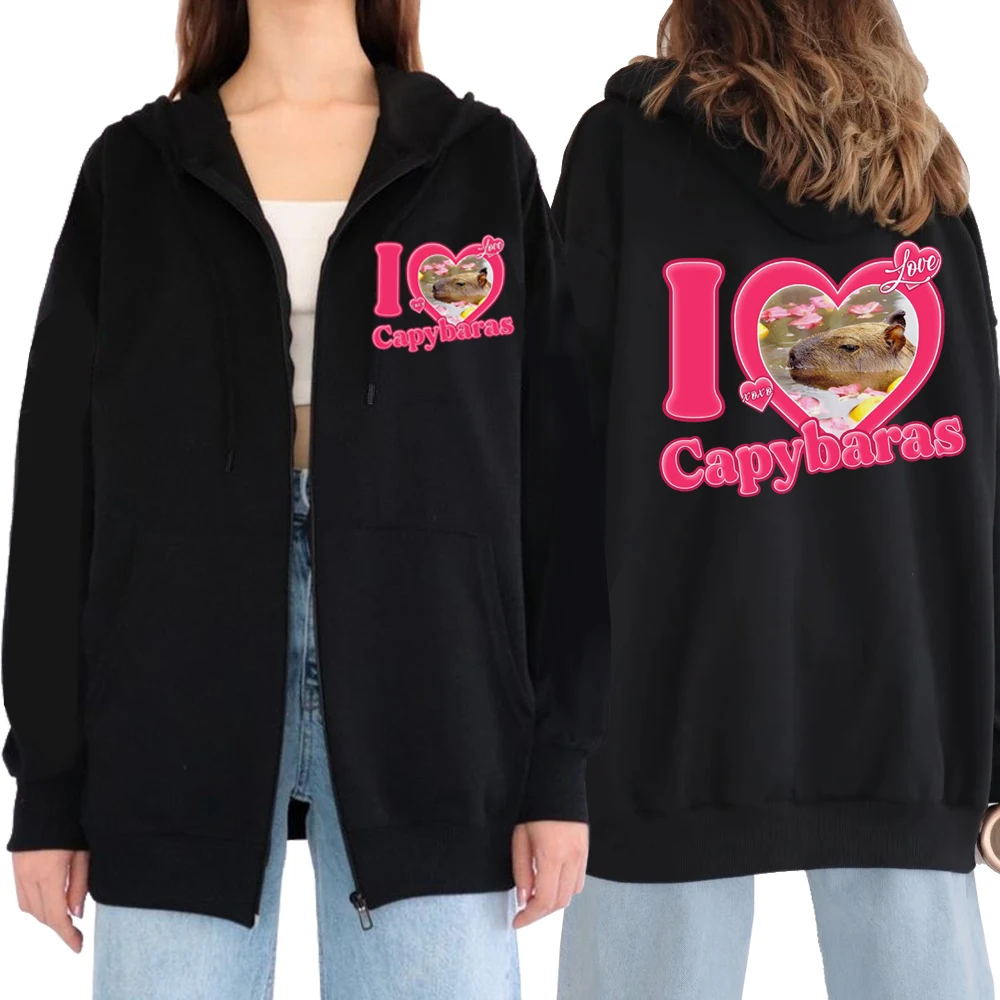 

I Love Capybaras Hoodies Fashion Funny Capybara Graphic Print Casual Zipper Sweatshirt Autumn Cute Cartoon Pattern Zip-up Hoody