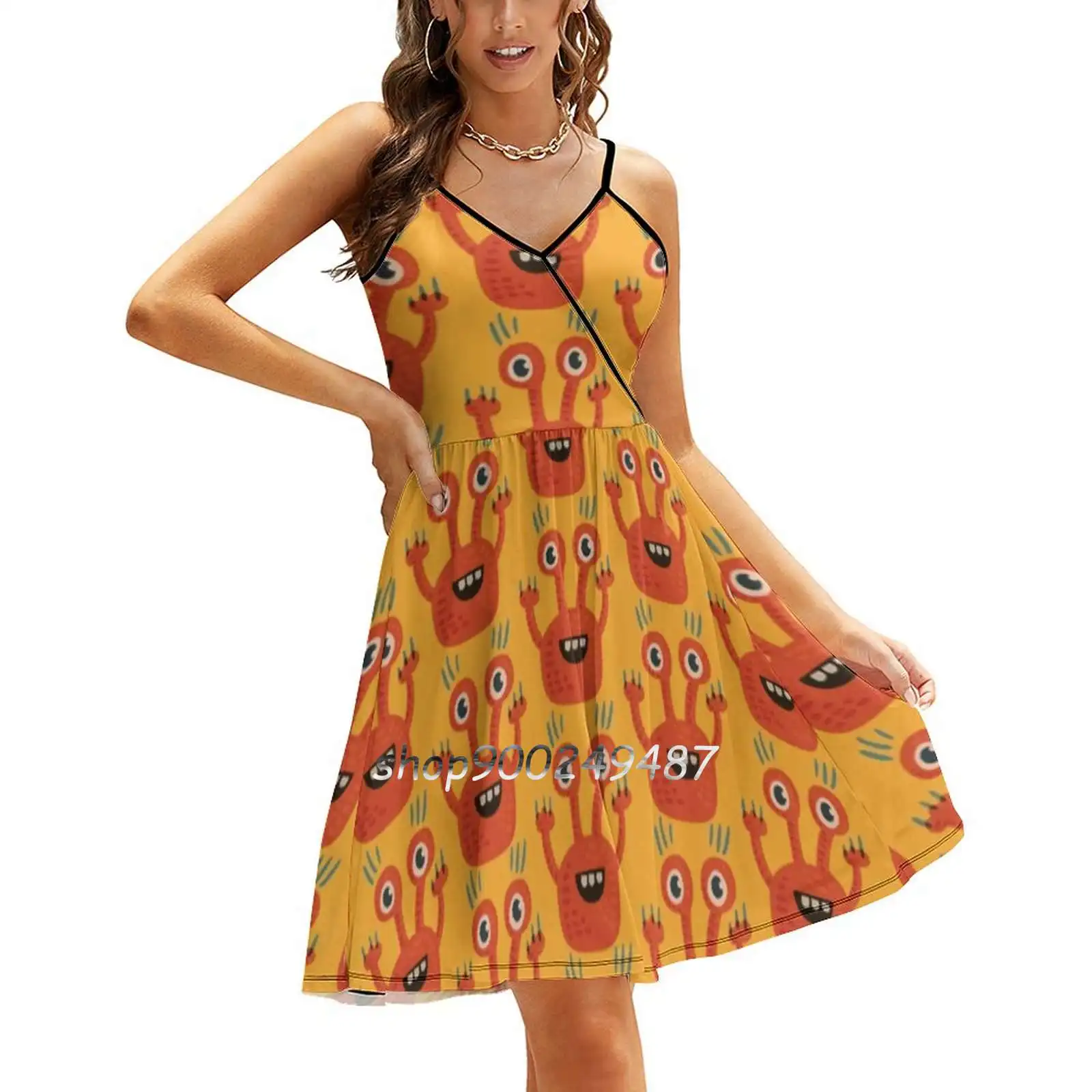 

Cute Orange Monster Is Funny Too Sling Dress Women Summer Printing Condole Belt Dresses Cute Monster Funny Monster Happy