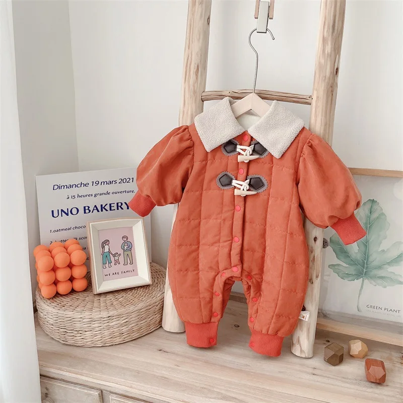 

New Winter Baby Rompers Toddler Fleece Solid Color Plaid Jumpsuit Infant Outwear One Piece