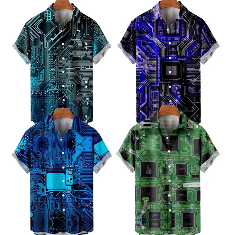 Men's Hawaiian T-Shirt Y2K Hombre Fashion Shirt Circuit Board 3D Print Cozy Casual Short Sleeve Beach Oversized Clothes