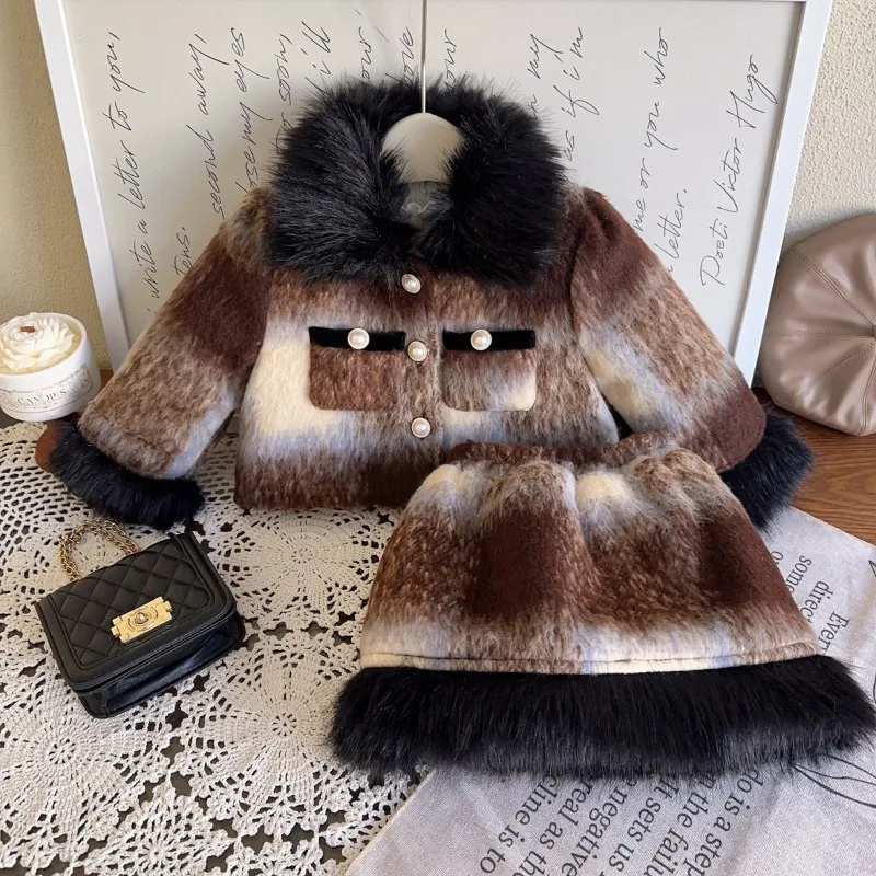 Зимние комплекты одежды для девочек детские куртки из искусственного меха + юбка